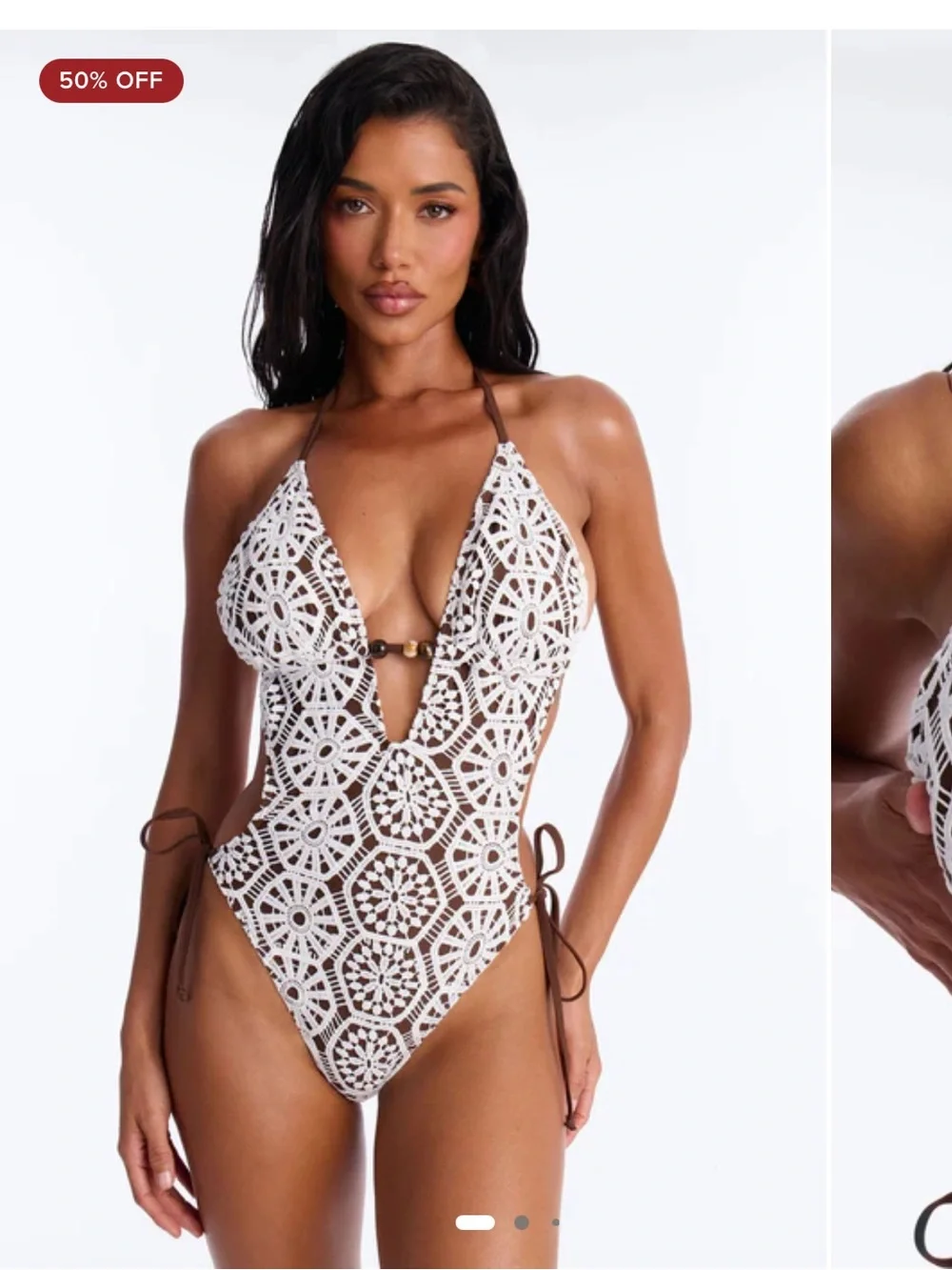 Fashion Nova White Crochet Cut-Out One-Piece Swimsuit with Brown Ties